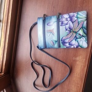 Anuschka Blue and Purple Crossbody Bag Dragonfly Multi Pocket